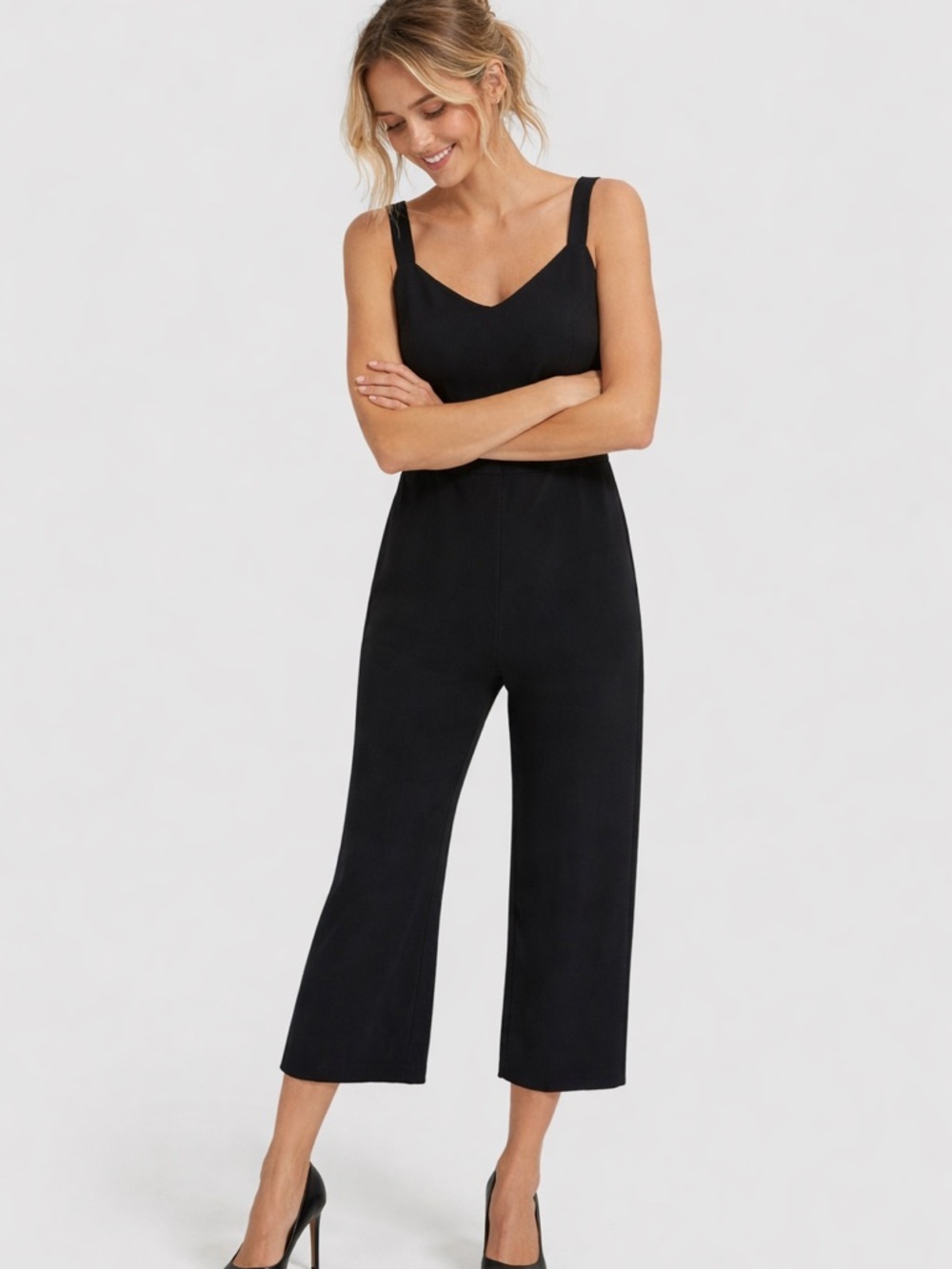 Everlane the Japanese GoWeave Black Sleeveless Wide-Leg Slip Jumpsuit Cropped